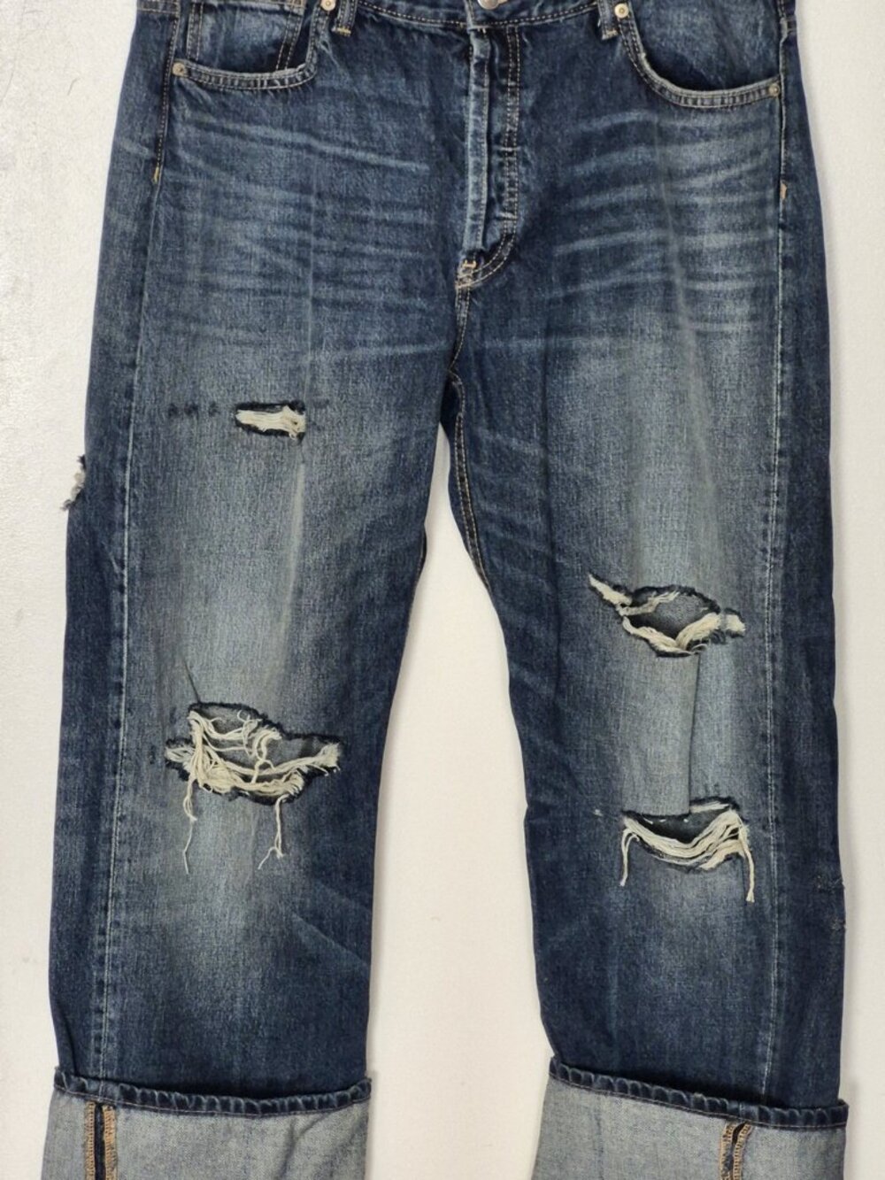 Zara Women's Mid-Rise Baggy Distressed Ripped Jeans Cuffed Wash Blue Size 12